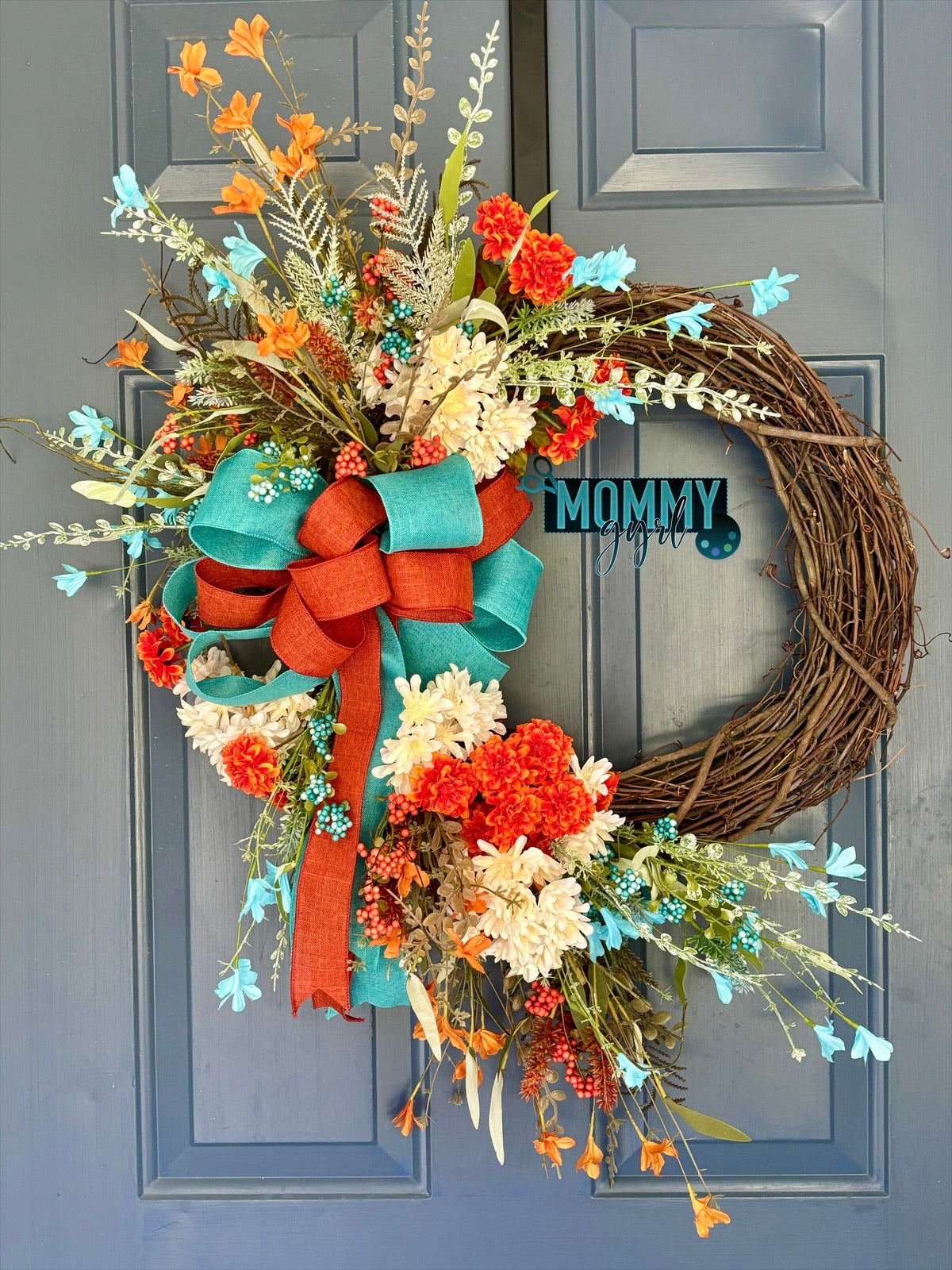 Teal and Rust Grapevine Wreath