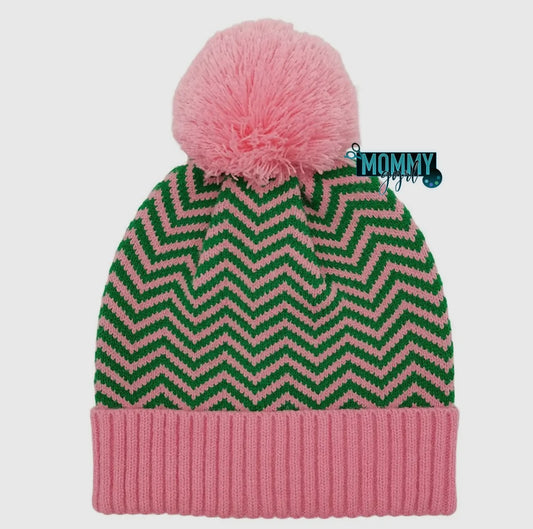 Pink and Green Chevron Knit Beanie