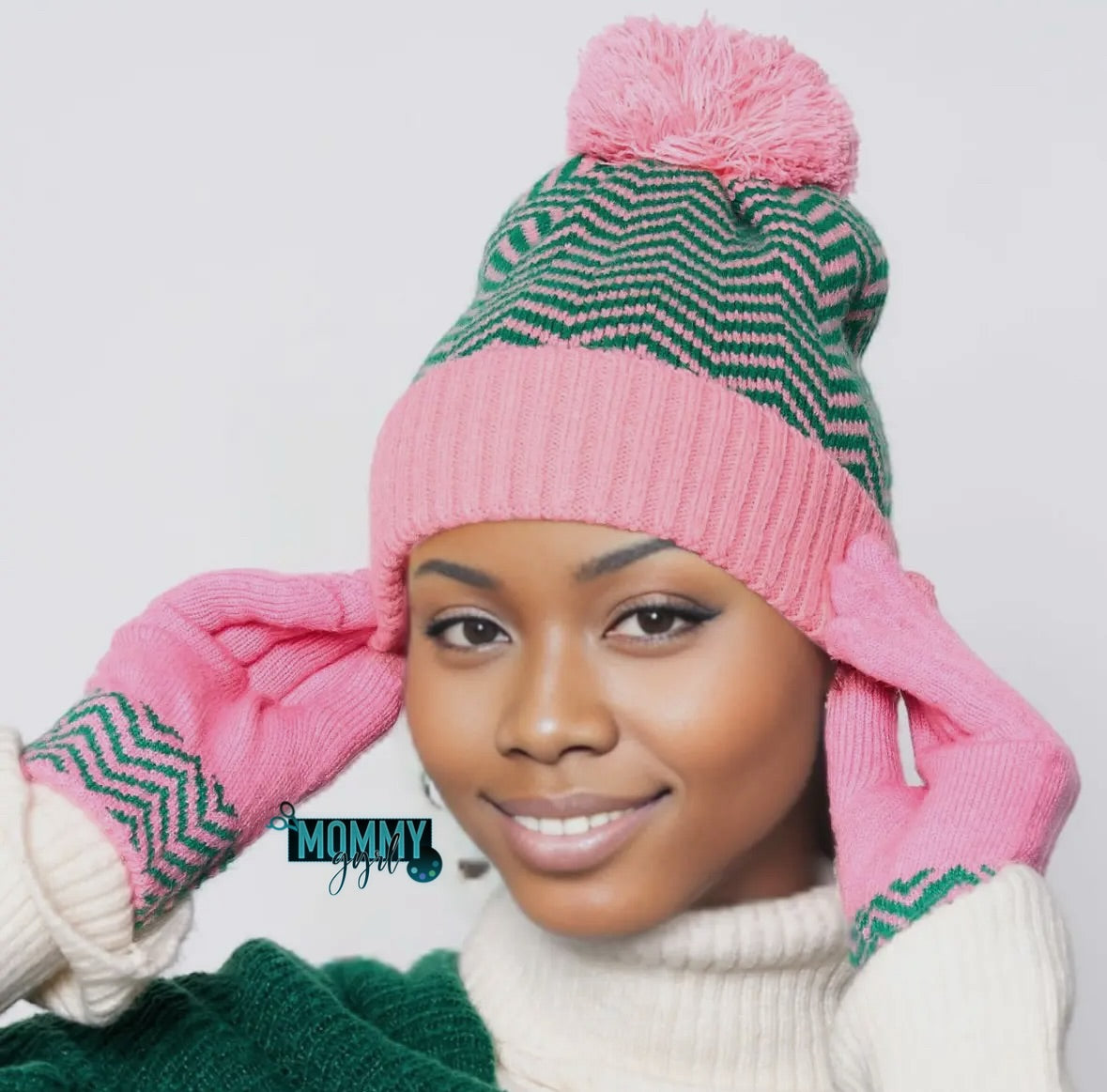Pink and Green Chevron Knit Beanie