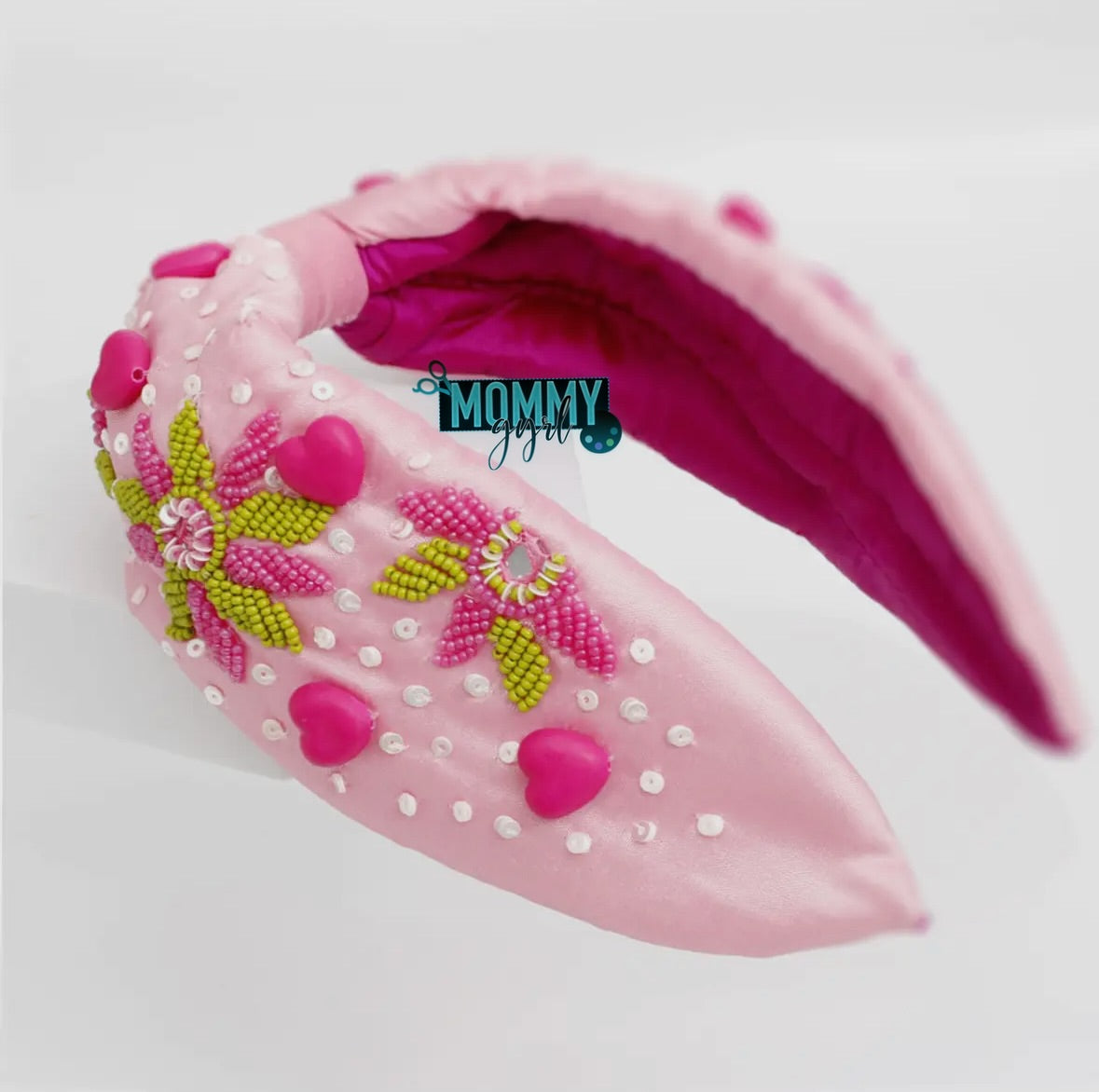 Embellished Pink and Green Hearts Headband