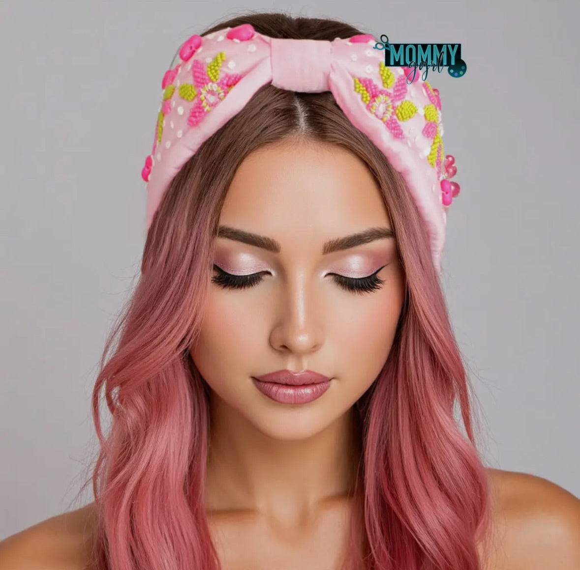 Embellished Pink and Green Hearts Headband